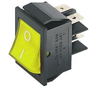Interruttore ON-OFF a bilanciere, tasto giallo luminoso, bipolare DPST, marcatura 0-I, 2 posizioni, rettangolare, da pannello, foro montaggio 31x22mm, portata 220V 230V 15A, contatti 6,35mm