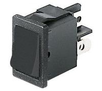 Interruttore ON-OFF a bilanciere, tasto nero, bipolare DPST, 2 posizioni, rettangolare, da pannello, a scatto autobloccante, foro 19x13mm, portata 220V 230V 6A, contatti ottone 4,8mm, basculante
