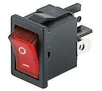 Interruttore ON-OFF a bilanciere, tasto rosso luminoso, bipolare DPST, 2 posizioni, marcatura 0-I, rettangolare, montaggio a pannello, foro 19x13mm, portata 220V 230V 6A, contatti ottone 4,8mm