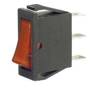 Interruttore ON-OFF a bilanciere, tasto rosso luminoso, unipolare SPST, 2 posizioni, rettangolare, autobloccante, montaggio a pannello, foro 29x10mm, portata 220V 230V 16A, contatti 6,35mm
