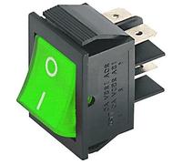 Interruttore ON-OFF a bilanciere, tasto verde luminoso, bipolare DPST, marcatura 0-I, 2 posizioni, rettangolare, da pannello, foro montaggio 31x22mm, portata 220V 230V 15A, contatti 6,35mm