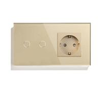 Interruttore Touch Interruttori Della Luce Intelligenti Interruttore Dimmer Tattile 2 Gang Con Presa for A Parete Standard Pannello In Vetro A 3 Colori Da 157 Mm(Gold)