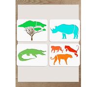 INTERWARM 4 stencil in plastica con motivi di animali, 21 x 29,7 cm, formato A4, coccodrillo, rinoceronte, foglio da colorare riutilizzabile per albero di bricolage, modelli da disegno per dipingere