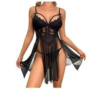 Intimo Donna Sexy Lingerie Abito Canotta Pizzo a Maglia,Body Babydoll Slittamento Intero,Camicia Notte Chemise Spacco Cucito,Completo Intimo Spalline,Tuta Intera Senza Maniche Perizoma (Nero)