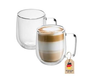 Intirilife 2x set di bicchieri termici a doppia parete -150-200ml- soffiati a bocca isolati per cappuccino espresso, bicchieri da tè bicchieri da caffè latte macchiato, effetto galleggiante con manico