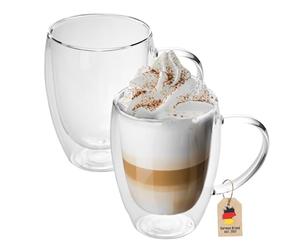 Intirilife 2x set di bicchieri termici a doppia parete -250-300ml- soffiati a bocca isolati per cappuccino espresso, bicchieri da tè bicchieri da caffè latte macchiato, effetto galleggiante con manico