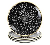 INTIRILIFE 4x piatti in porcellana in Collegato - Nero Bianco con Nero - Diametro 20.5 cm - Piatto da colazione, piatto da dessert, piatto da portata per insalata, frutta, pasta, dessert e snack