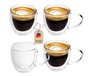 Intirilife 4x set di bicchieri termici a doppia parete -200-250ml- soffiati a bocca isolati per cappuccino espresso, bicchieri da tè bicchieri da caffè latte macchiato, effetto galleggiante con manico