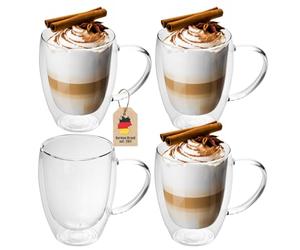 Intirilife 4x set di bicchieri termici a doppia parete -250-300ml- soffiati a bocca isolati per cappuccino espresso, bicchieri da tè bicchieri da caffè latte macchiato, effetto galleggiante con manico