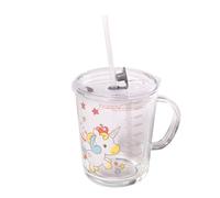 INTIRILIFE Bicchiere per bambini trasparente con coperchio, scala e cannucciacon design unicorno - 400 ml - Bicchiere con manico, con motivo carino, bevuta sicura senza versare
