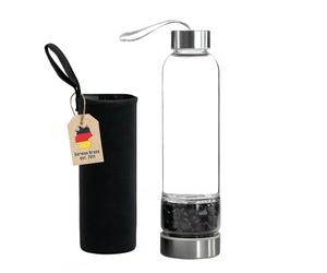 INTIRILIFE Borraccia, bottiglia d'acqua con pietre curative e custodia Nera - Onice Nero - Capacità di 400 ml - Bottiglia con pietre preziose, minerali