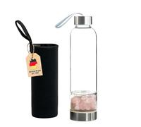 INTIRILIFE Borraccia, bottiglia d'acqua con pietre curative e custodia Nera - Quarzo Rosa - Capacità di 400 ml - Bottiglia con pietre preziose, minerali