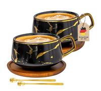 INTIRILIFE Set di 2 tazze tazze in ceramica con design in marmo nero con oro - da 200 ml a 300 ml - tazze da caffè con sottobicchieri in legno - tazze da tè idea regalo per caffè tè cacao latte