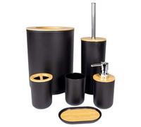 Intirilife set di accessori per il bagno in bambù e plastica in nero - set da 6 pezzi tumbler per spazzolino da denti tumbler per portasapone dispenser per sapone spazzolino da bagno con supporto