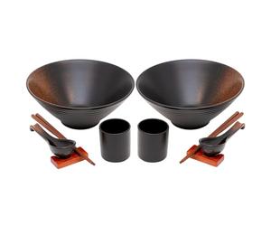 INTIRILIFE Set di ciotole per Ramen per 2 persone in ceramica nera - 1,1 litri - 2x ciotola bacchette cucchiaio tazza e vassoio ciascuno - per zuppa di noodle riso udon ciotole Bowl zuppa giapponese
