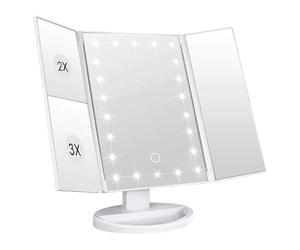 INTIRILIFE Specchio per Il Trucco con 22 LED e Cavo USB - 3 Lati con ingrandimento 1X/2X/3X - Luce Naturale Regolabile - Specchio cosmetico da Tavolo Pieghevole, Design Elegante Bianco.
