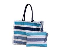 INTRECCI Set Spiaggia Borsa Mare e Pochette Coordinate - Shopper Spiaggia Grande 100% Cotone con Tasca Interna e Chiusura Zip - Pochette Leggera - Modello: Righe Multicolor, Colore: Blu