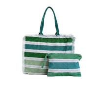 INTRECCI Set Spiaggia Borsa Mare e Pochette Coordinate - Shopper Spiaggia Grande 100% Cotone con Tasca Interna e Chiusura Zip - Pochette Leggera - Modello: Righe Multicolor, Colore: Verde