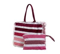 INTRECCI Set Spiaggia Borsa Mare e Pochette Coordinate - Shopper Spiaggia Grande 100% Cotone con Tasca Interna e Chiusura Zip - Pochette Leggera - Modello: Righe Multicolor, Colore: Fucsia