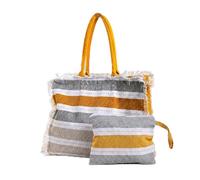 INTRECCI Set Spiaggia Borsa Mare e Pochette Coordinate - Shopper Spiaggia Grande 100% Cotone con Tasca Interna e Chiusura Zip - Pochette Leggera - Modello: Righe Multicolor, Colore: Ocra