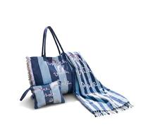 INTRECCI Set Spiaggia Telo Fouta 90x190 cm + Borsa Mare e Pochette Coordinate - Shopper 100% Cotone con Tasca e Chiusura Zip - Pochette Leggera - Modello: Amore Mare, Colore: Azzurro/Blu