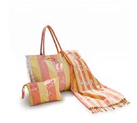 INTRECCI Set Spiaggia Telo Fouta 90x190 cm + Borsa Mare e Pochette Coordinate - Shopper 100% Cotone con Tasca e Chiusura Zip - Pochette Leggera - Modello: Amore Mare, Colore: Giallo/Corallo