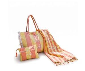 INTRECCI Set Spiaggia Telo Fouta 90x190 cm + Borsa Mare e Pochette Coordinate - Shopper 100% Cotone con Tasca e Chiusura Zip - Pochette Leggera - Modello: Amore Mare, Colore: Giallo/Corallo