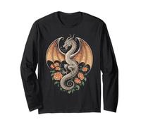 Intricato Drago Con Accenti Floreali Fantasia Maglia a Manica