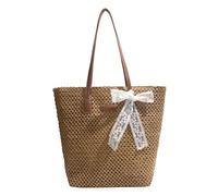 Introti Borsa a tracolla da donna con nastro di pizzo bohémien, borsa da spiaggia estiva con cerniera, grande capacità, per vacanze, viaggi e piscina estiva, Marrone, 350*290*170MM