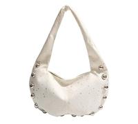 Introti Borsa a tracolla da donna di grande capacità, borchiata, mezza luna, tinta unita, borsa hobo per viaggi, shopping, lavoro, uso quotidiano, bianco, Large