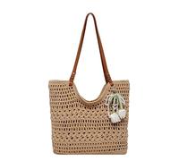 Introti Borsa tote da spiaggia di grande capacità borsa da viaggio estiva borsa da spiaggia con ciondolo fatto a mano borsa con manico superiore per le donne vacanze estive, cachi, 340 x 330 x 10mm