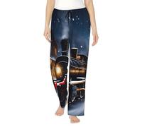 Inverno Natale Neve Notte Ferrovia Treno Stampa Donna Morbido Poliestere Lounge Pigiama Pantaloni - Pantaloni della tuta larghi comodi con tasche, Nero , XXL