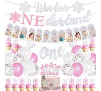 Inverno Onederland Decorazioni di compleanno Ragazza Fiocco di neve rosa Forniture per feste di primo compleanno con fiocco di neve Banner fotografico Inverno Onederland Banner Cake Topper