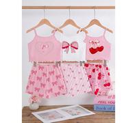 [Inviato casualmente 1 set]Set da 2 pezzi di pigiama da casa e da uscita per bambine piccole, moda estiva, canotta con stampa a cuore, fiocco e ciliegia abbinata a pantaloncini con stampa all-over a p