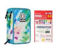 Invicta Astuccio Scuola 3 Zip Fantasy, Azzurro e Viola, Triplo Scomparto Completo di Penne, Matite e Pennarelli + 12 Pastelli a Colori