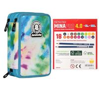 Invicta Astuccio Scuola 3 Zip Fantasy, Azzurro e Viola, Triplo Scomparto Completo di Penne, Matite e Pennarelli + 18 Pastelli a Colori