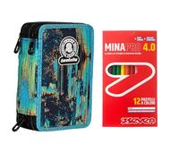 Invicta Astuccio Scuola 3 Zip Fantasy, Blu e Nero, Triplo Scomparto Completo di Penne, Matite e Pennarelli + 12 Pastelli a Colori