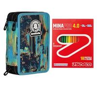 Invicta Astuccio Scuola 3 Zip Fantasy, Blu e Nero, Triplo Scomparto Completo di Penne, Matite e Pennarelli + 18 Pastelli a Colori