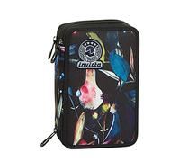 Invicta Astuccio Scuola 3 Zip, Nero Fantasia, Wildflowers, Triplo Scomparto Accesoriato con Penne, Matite e Pennarelli, Accessori Zaino, Scuola, Bambine e ragazze