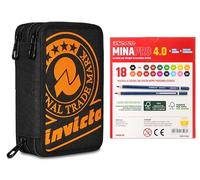 Invicta Astuccio Scuola 3 Zip, Solid Stampa Fluo, Nero e Arancione, Triplo Scomparto con di Penne, Matite e Pennarelli+18 Pastelli a Colori