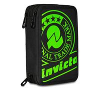 Invicta Astuccio Scuola 3 Zip, Solid Stampa Fluo, Nero e Verde, Triplo Scomparto Completo di Penne, Matite e Pennarelli, Accessori Scuola, Accessori Zaino, Scuola Elementare, Bambino
