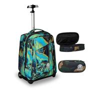 Invicta Trolley Scuola Benin Fantasy, Blu e Verde, 2 in 1, Con Spallacci Uso Zaino, Tasca porta Borraccia e Porta Laptop, Scuola & Viaggio, Ragazzi + BUST R.PLUS GREEN CAMO INVICTA