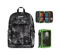Invicta Zaino Scuola Jelek Fantasy, Nero, 34 L, Doppio Scomparto + Astuccio 3 Zip, Completo di Matite e colori, Elementari, Medie, Superiori, Brushed Black, Bambini e Ragazzi, nero/verde