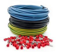 INVOLT H07V-K Set di cavi di cablaggio, 10 mm², 3x15m fili singoli, 100 guaine terminali, Nero/Blu/Verde-Giallo, certificato VDE