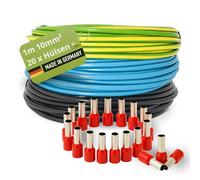 INVOLT Set di cavi H07V-K da 10 mm², 3 cavi da 1 m, 20 terminali | Fili singoli in nero, blu, verde/giallo, certificato VDE, prodotto in Germania