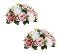 Inweder Fiori Artificiali per Matrimoni, 15 Teste di Rose, Rosa & Bianca | 2 Pcs, con Base, Diametro 25,5 cm, Seta Finta, Bouquet di Fiori per Centrotavola, Feste, Anniversari, Decorazioni per la Casa