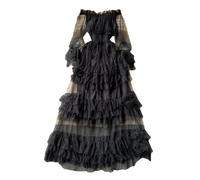 Inzegao Maxi abito da donna in rete con volant in vita elasticizzata senza spalle velate a maniche lunghe in tulle per feste di nozze, nero, Taglia Unica