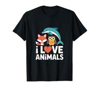 Io Amo Animali Volpe Gufo Delfino Illustrazione Maglietta