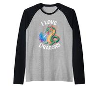 Io amo Draghi Illustrazione Colorata Maglia con Maniche Raglan