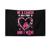 Io e il cancro abbiamo combattuto e ho vinto. Bandiera per la sensibilizzazione sul cancro al seno, 3x5 piedi, striscione da giardino con 4 fori, decorazione per interni ed esterni.